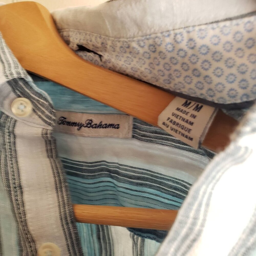 Tommy Bahama 100% Linen Striped Shirt Blue White Relaxed Fit Button-Up Shirt - Picture 2 of 11